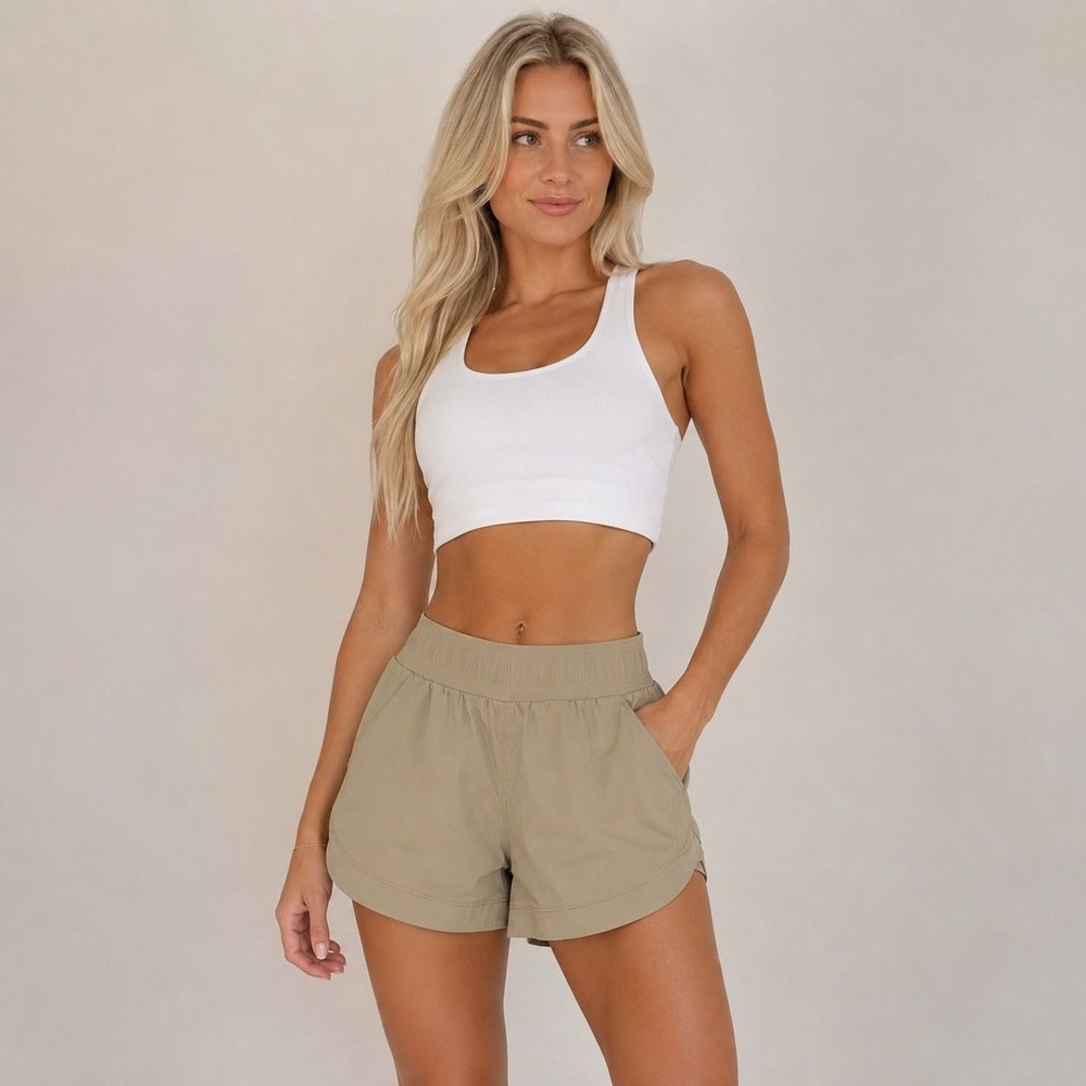 Tuff Athletics Khaki Stretch Running Shorts Curved Hem Pockets Activewear